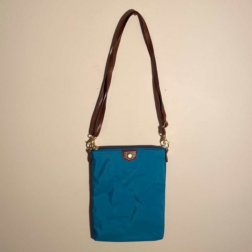 Teal Crossbody Satchel with Brown Strap